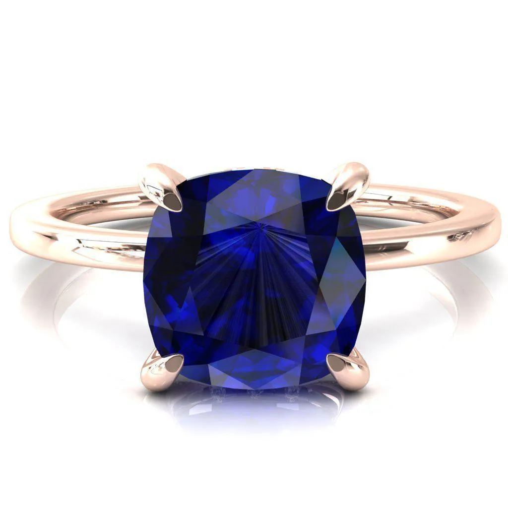Rosy Cushion Blue Sapphire 4 Claw Prong Single Rail Micropave Engagement Ring