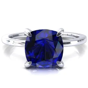 Rosy Cushion Blue Sapphire 4 Claw Prong Single Rail Micropave Engagement Ring