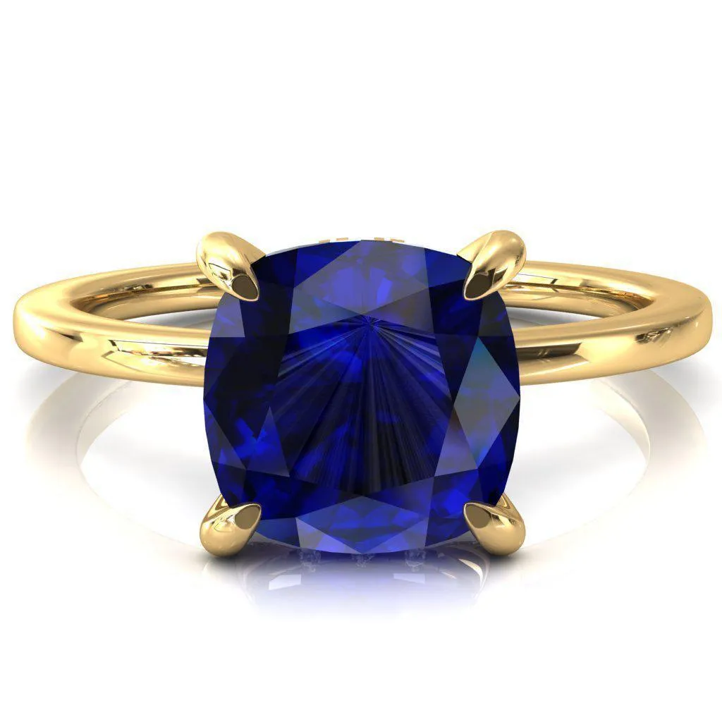 Rosy Cushion Blue Sapphire 4 Claw Prong Single Rail Micropave Engagement Ring