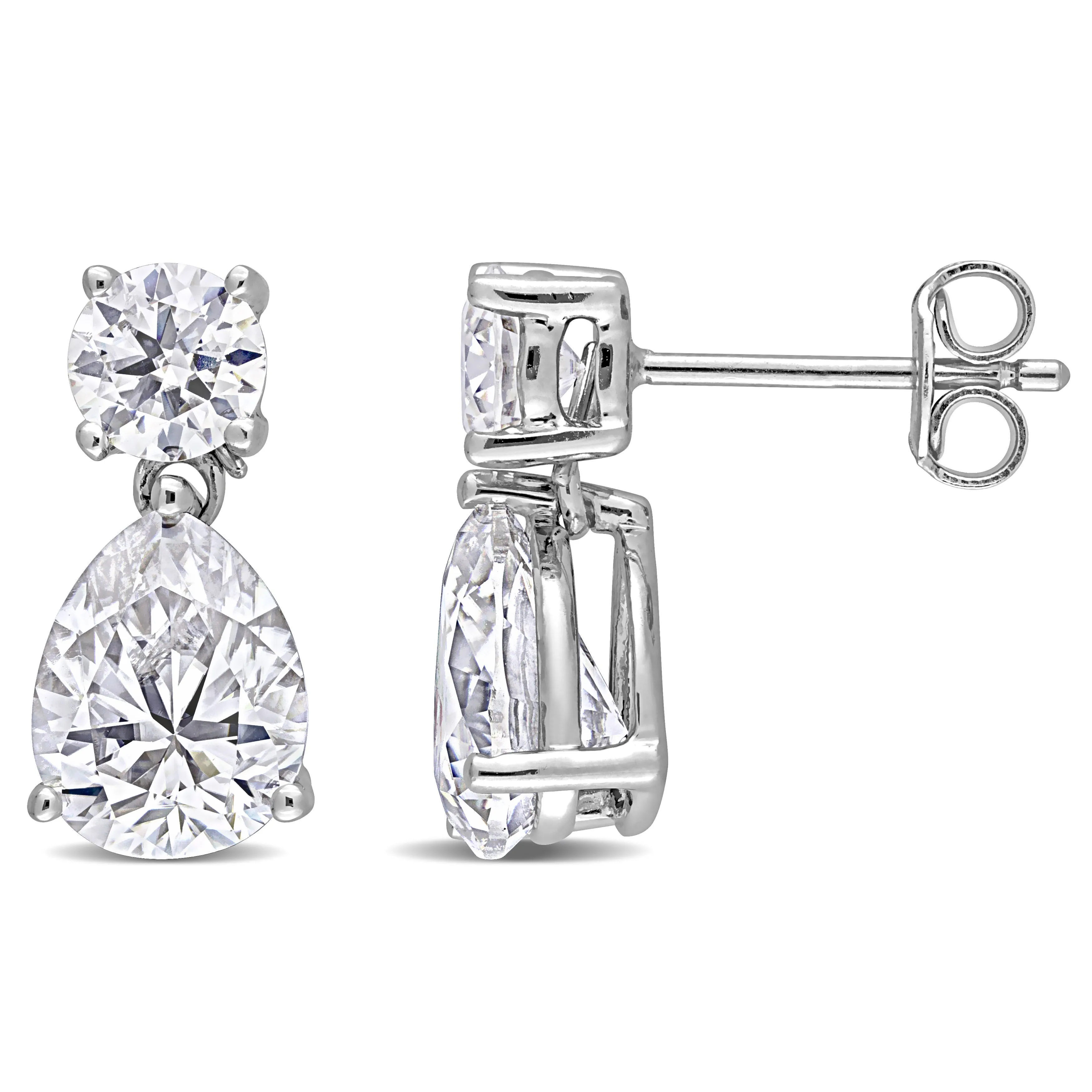 Round and Pear Stone Sterling Silver Moissanite Dangle Earrings