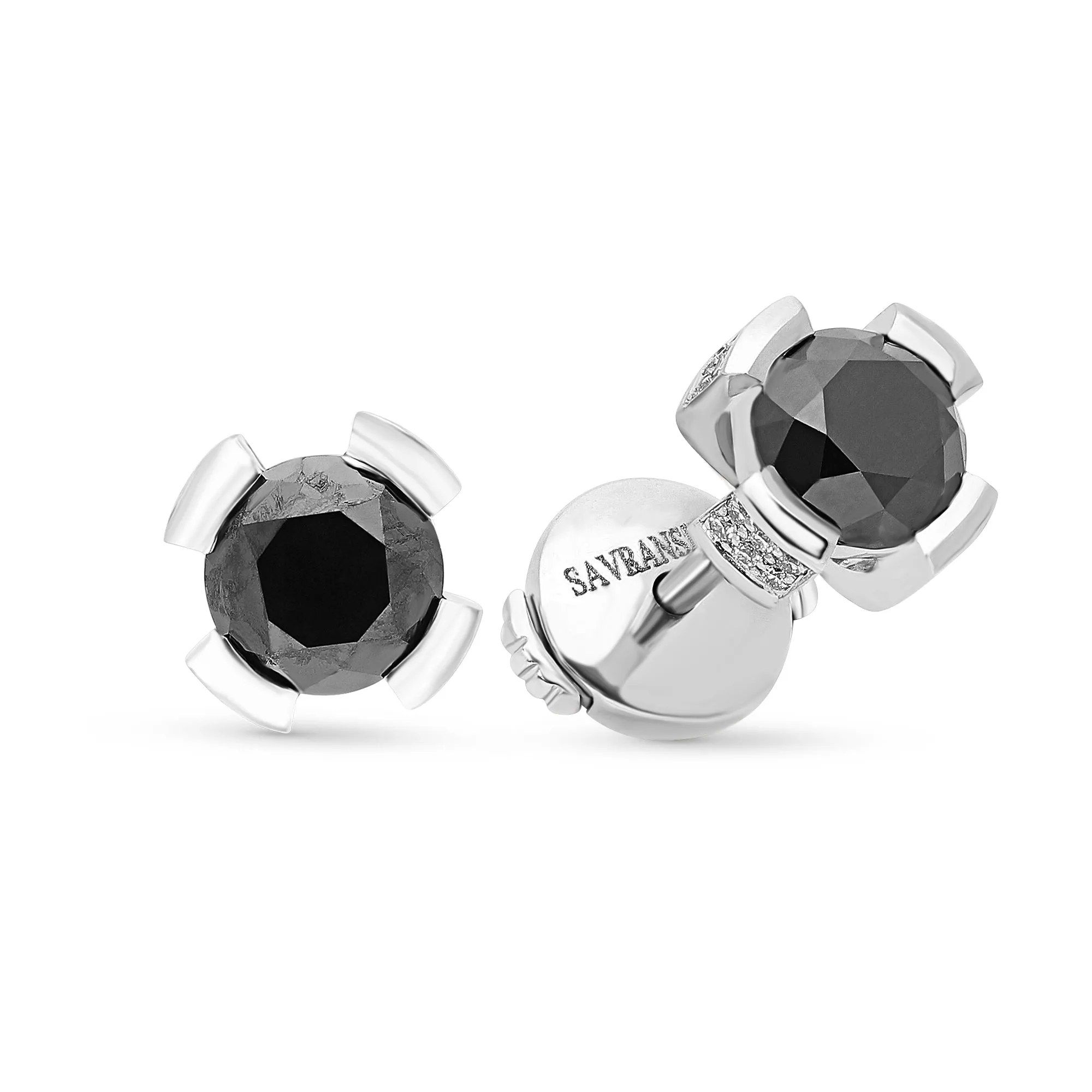 Round Cut Natural Black Diamond Studs in a Split Bezel Setting - 2 Carat