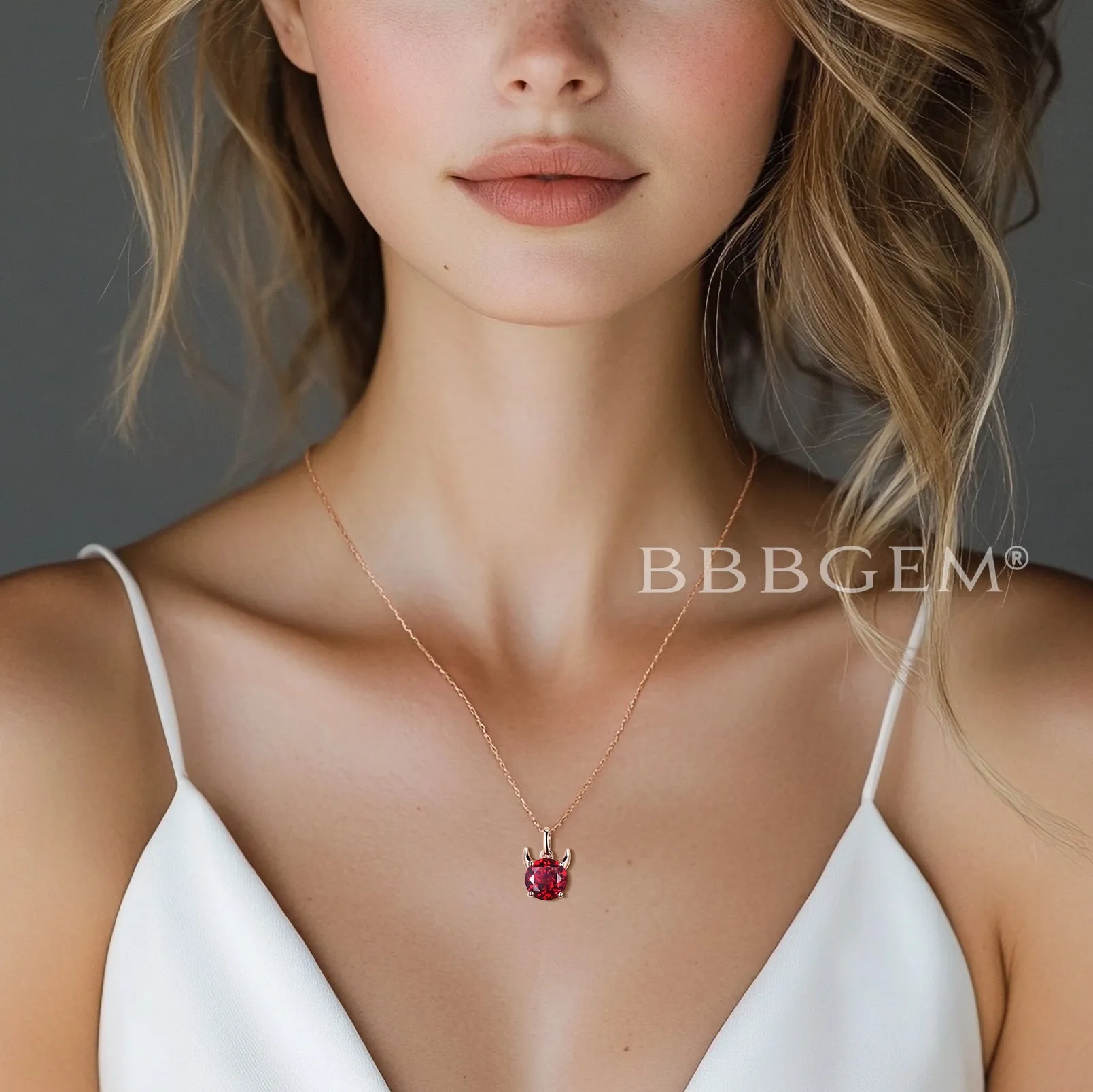 Round Cut Ruby Devil Solitaire Pendant Rose Gold Minimalist Necklace