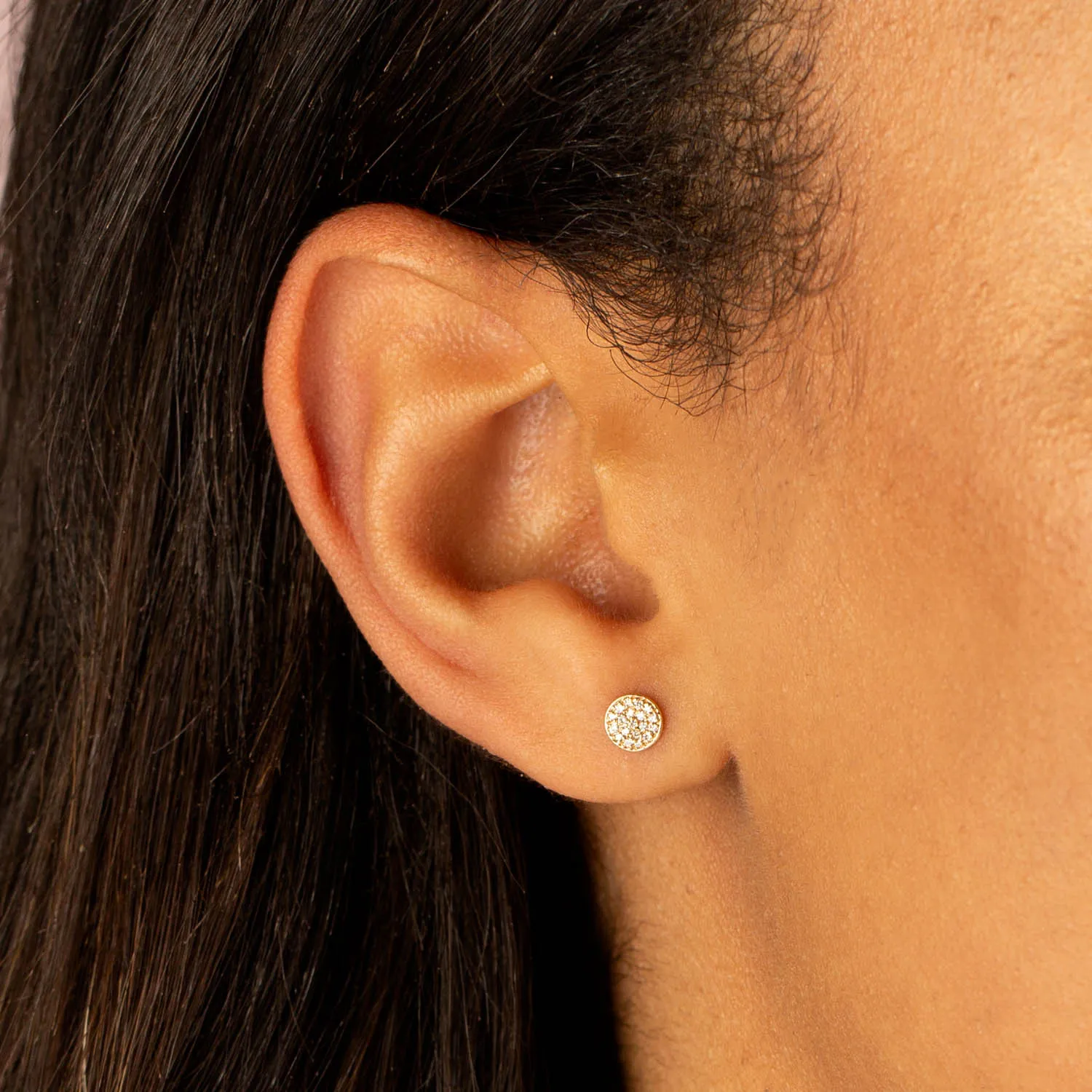 Round Diamond Disc Stud Earring 14K