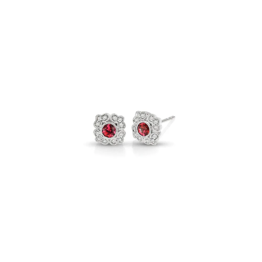 Round Ruby Pavé Filigree Earrings
