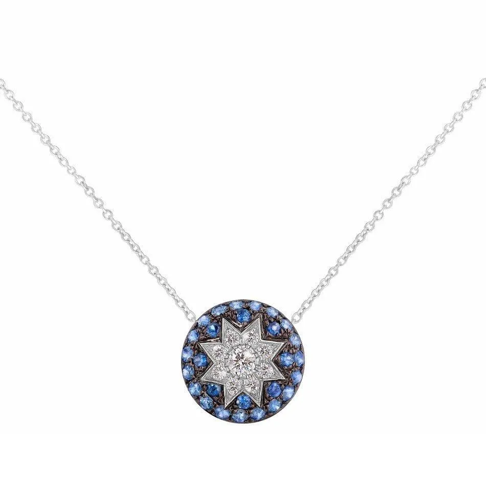 Round Star Blue Sapphire White Diamond Necklace in White Gold
