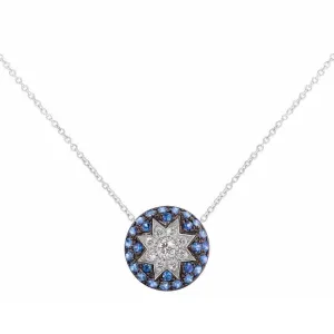 Round Star Blue Sapphire White Diamond Necklace in White Gold