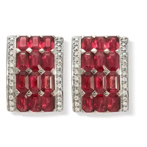 Rubies and Round Pave Set Diamond Earrings in 18k White Gold