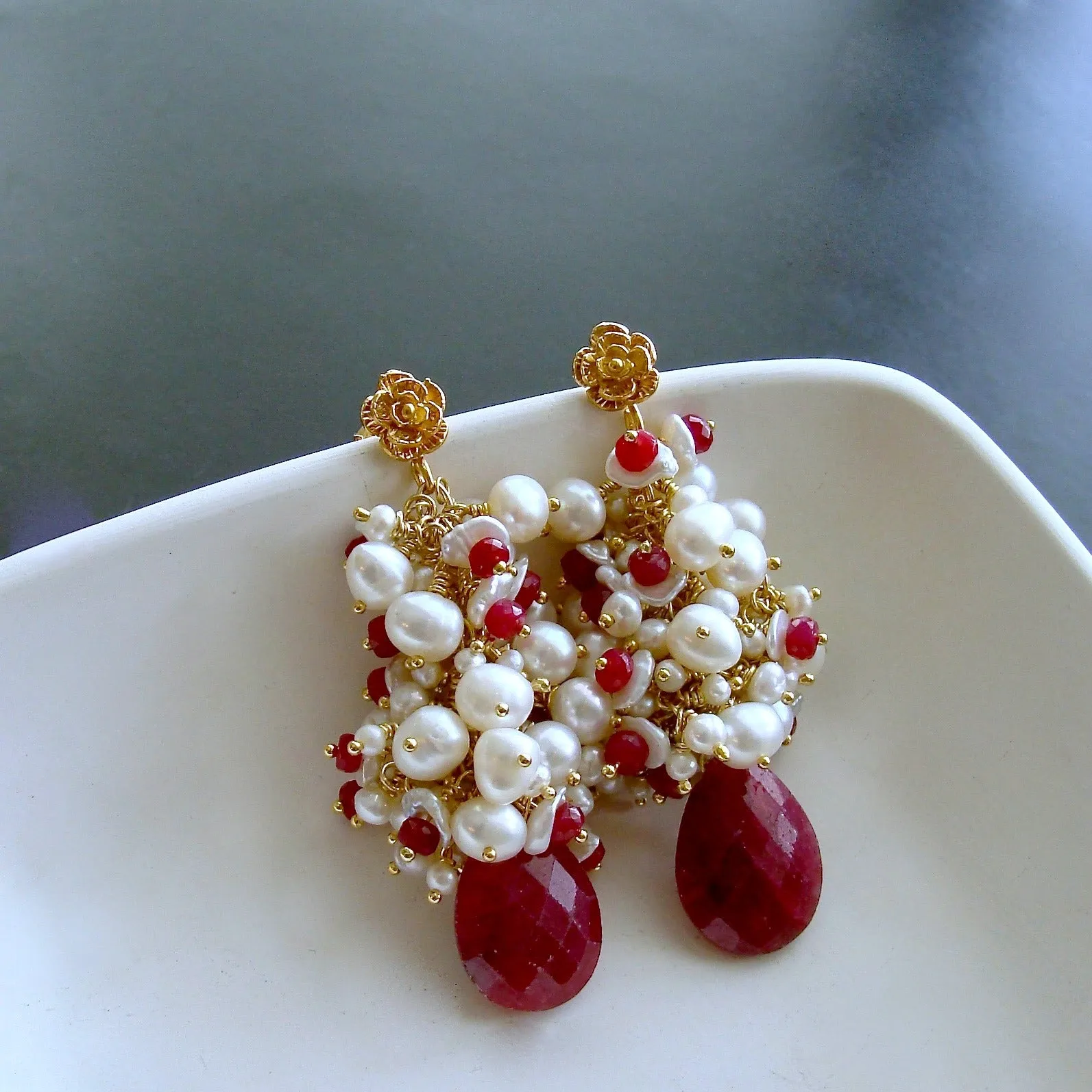 Rubies Freshwater Keshi & Seed  Pearls - Cherries In The Snow Cluster Earrings