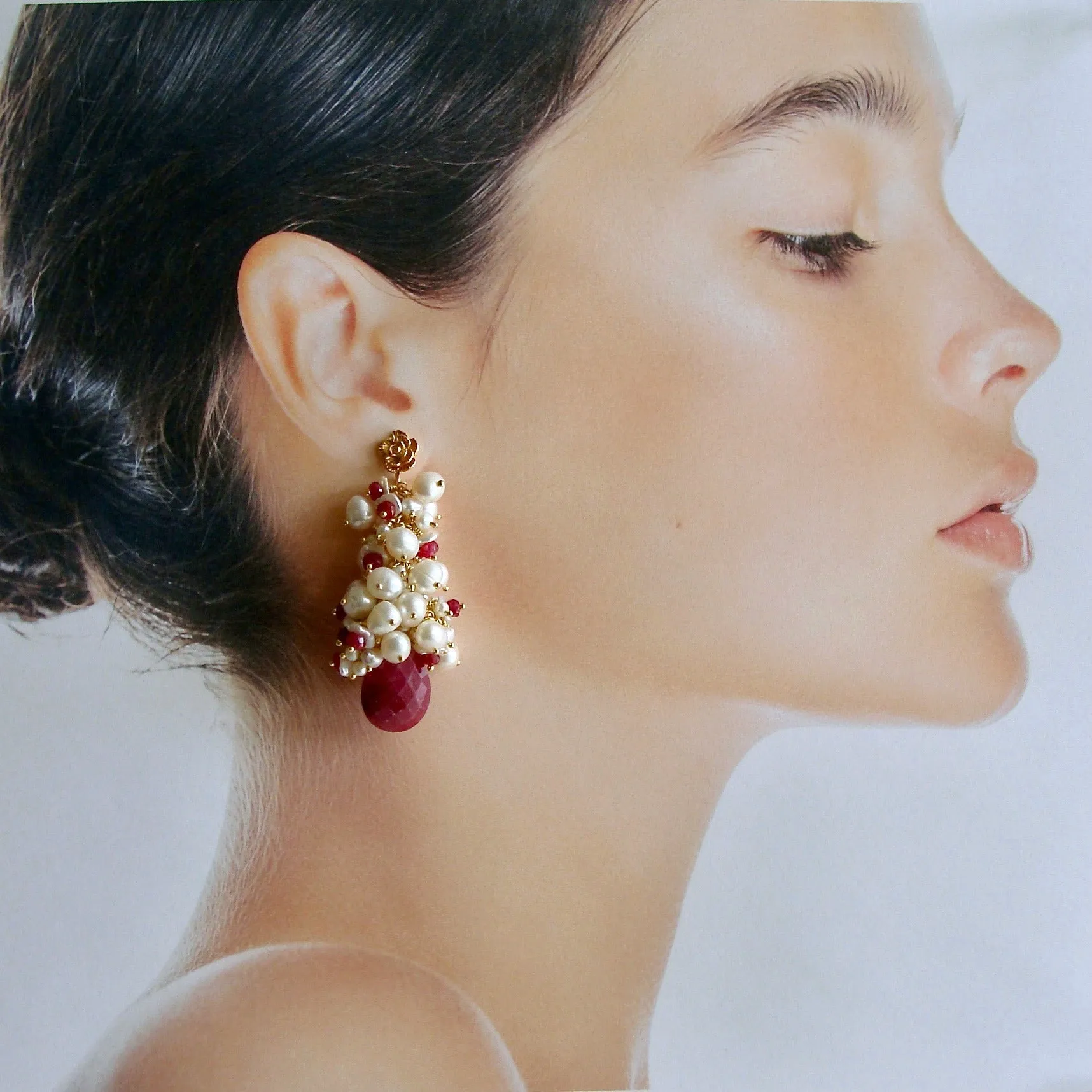 Rubies Freshwater Keshi & Seed  Pearls - Cherries In The Snow Cluster Earrings