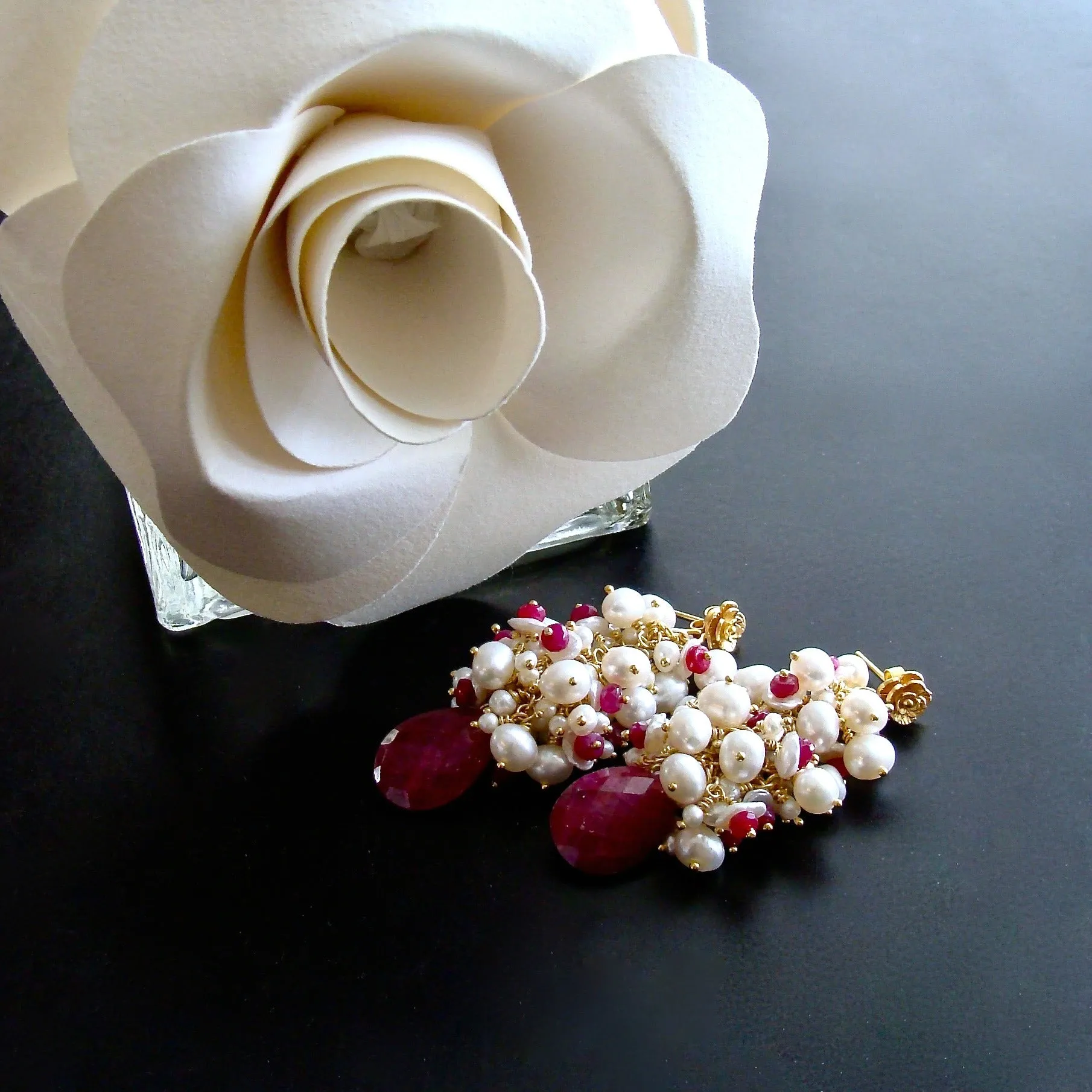 Rubies Freshwater Keshi & Seed  Pearls - Cherries In The Snow Cluster Earrings