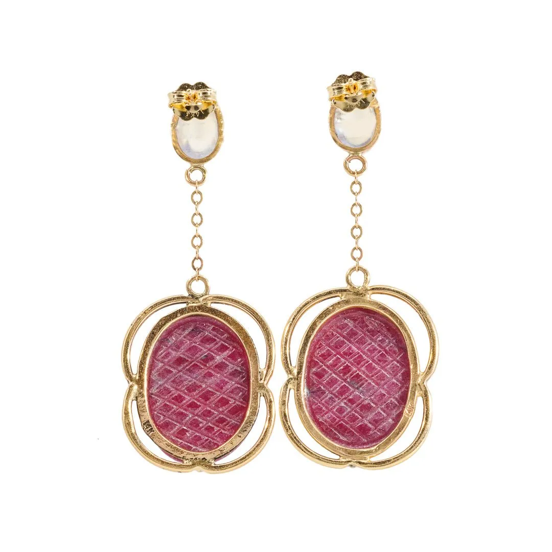 Ruby 15.38 carats Floral Carving with Moonstone 14K Handcrafted Gemstone Earrings