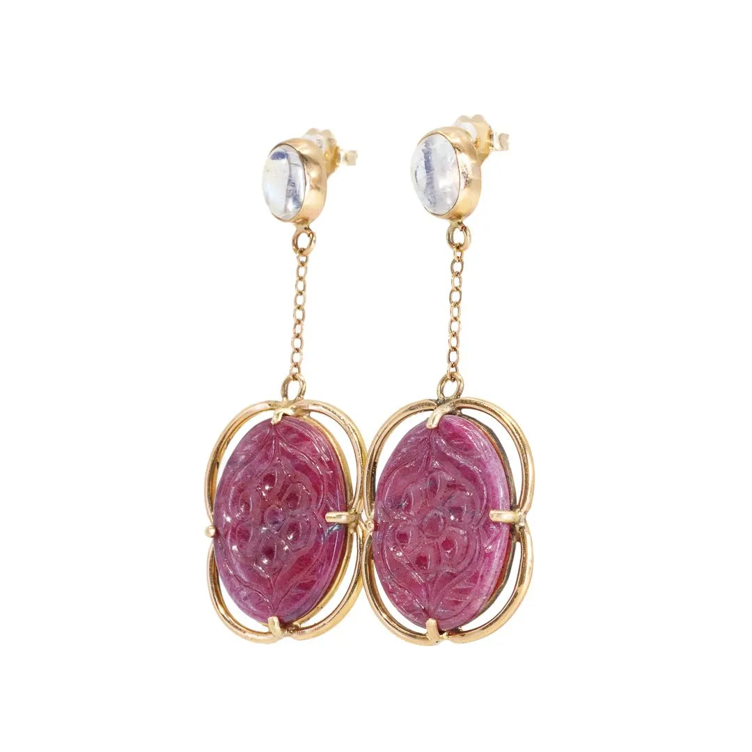 Ruby 15.38 carats Floral Carving with Moonstone 14K Handcrafted Gemstone Earrings