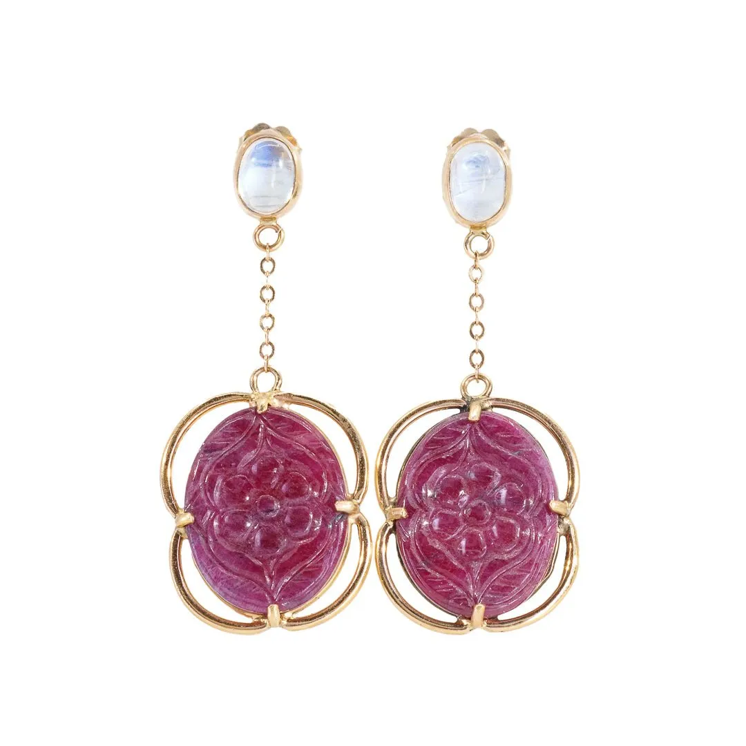 Ruby 15.38 carats Floral Carving with Moonstone 14K Handcrafted Gemstone Earrings