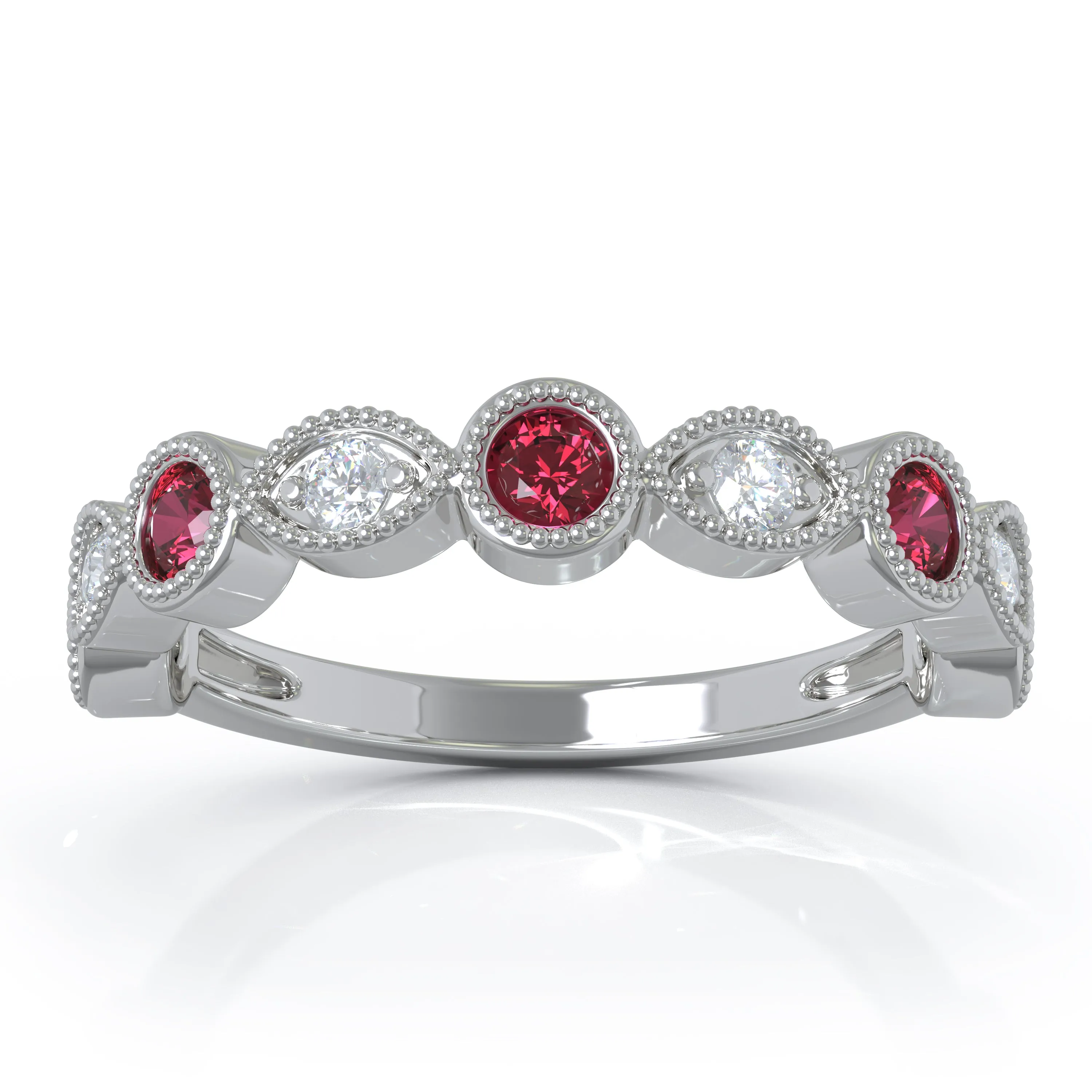 Ruby & & 0.12Ct Diamond Milligrain Wedding Band in 14K Gold