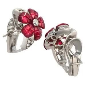 Ruby & Diamond Floral Earrings, 18k White Gold