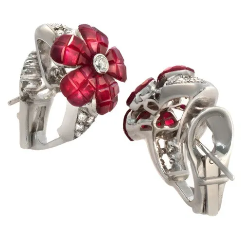 Ruby & Diamond Floral Earrings, 18k White Gold