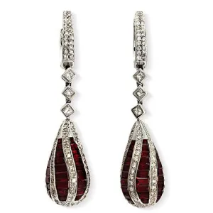 Ruby & Diamond on a Teardrop Dangling Lever Back Earrings 18k White Gold