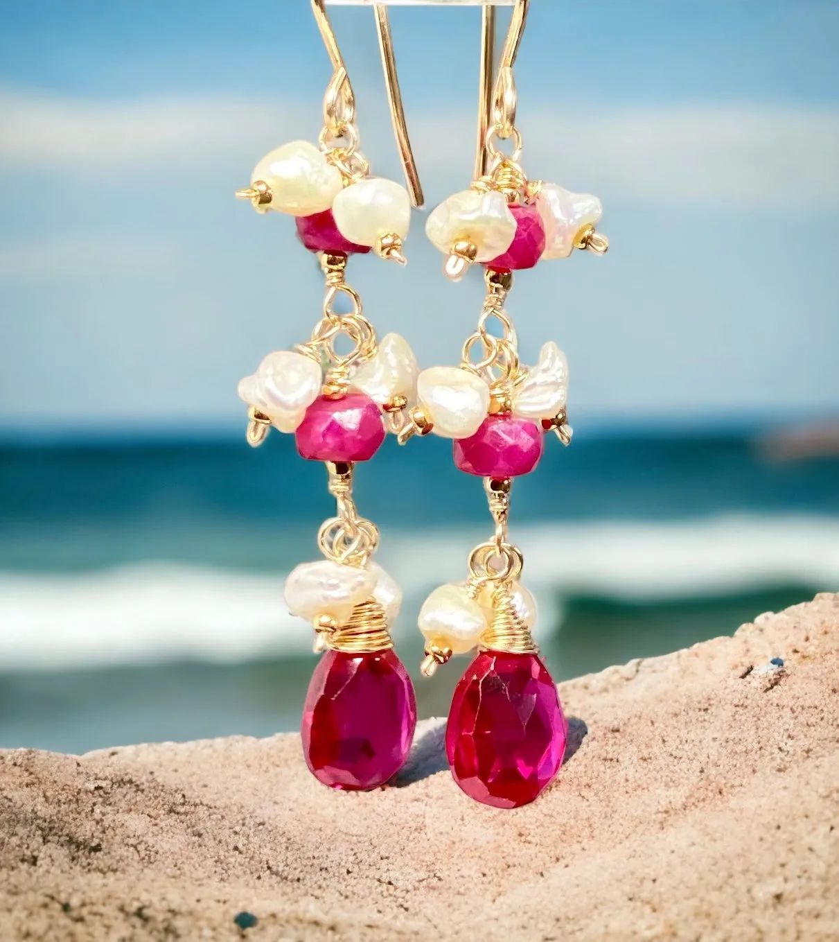 Ruby and Red Topaz Dangle Earrings with Pearls