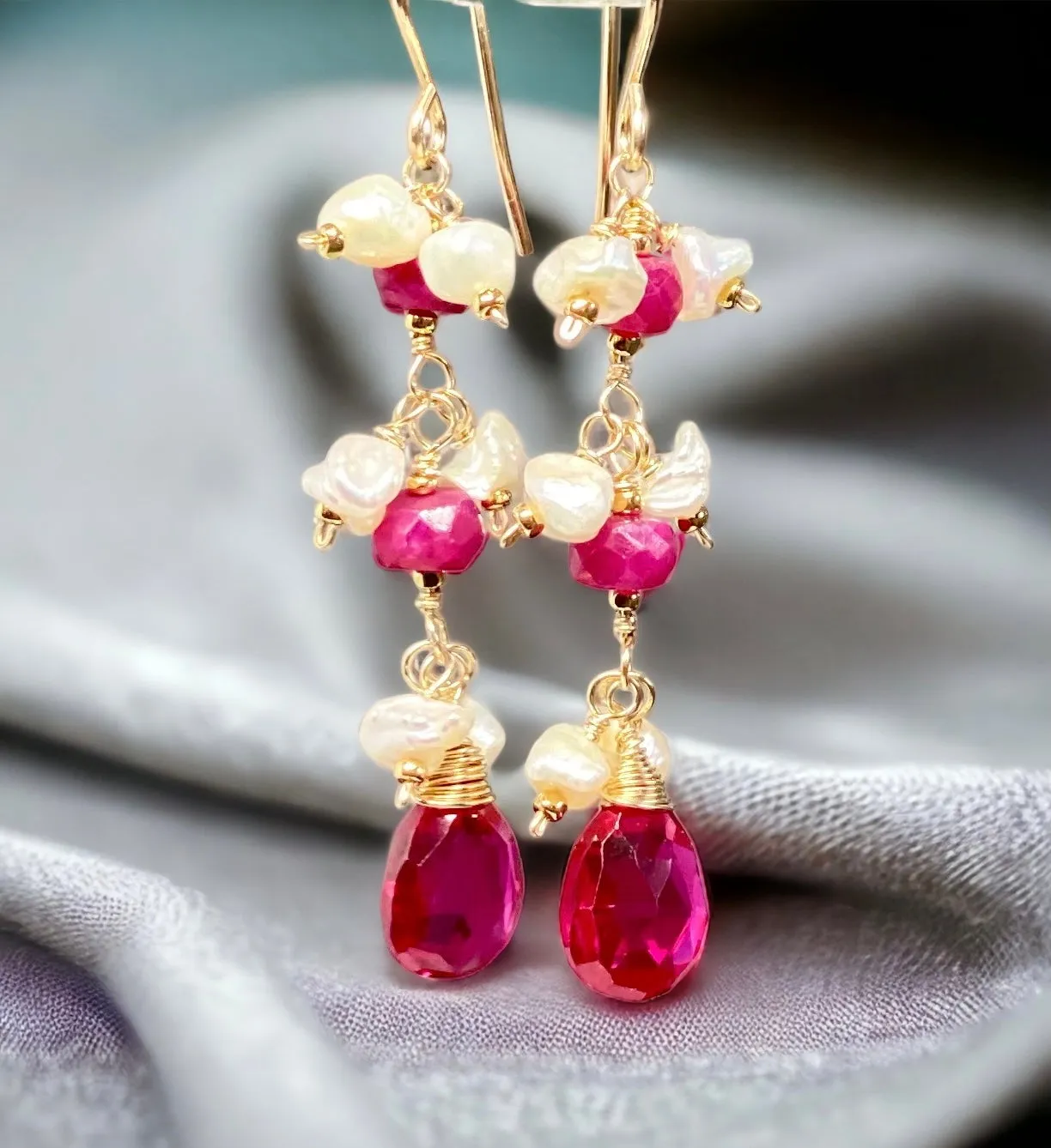 Ruby and Red Topaz Dangle Earrings with Pearls