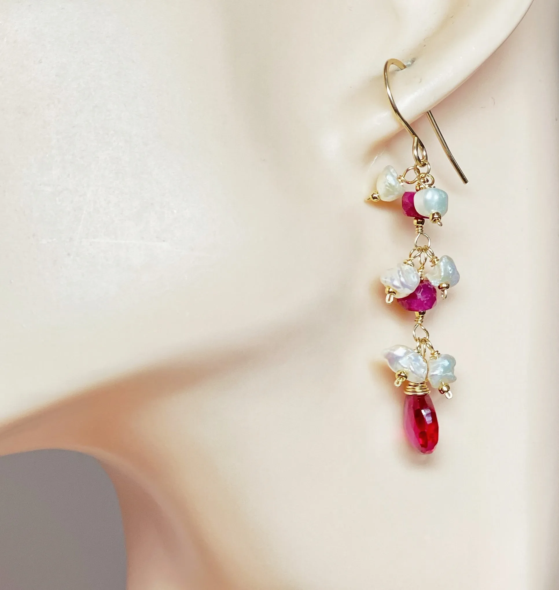 Ruby and Red Topaz Dangle Earrings with Pearls