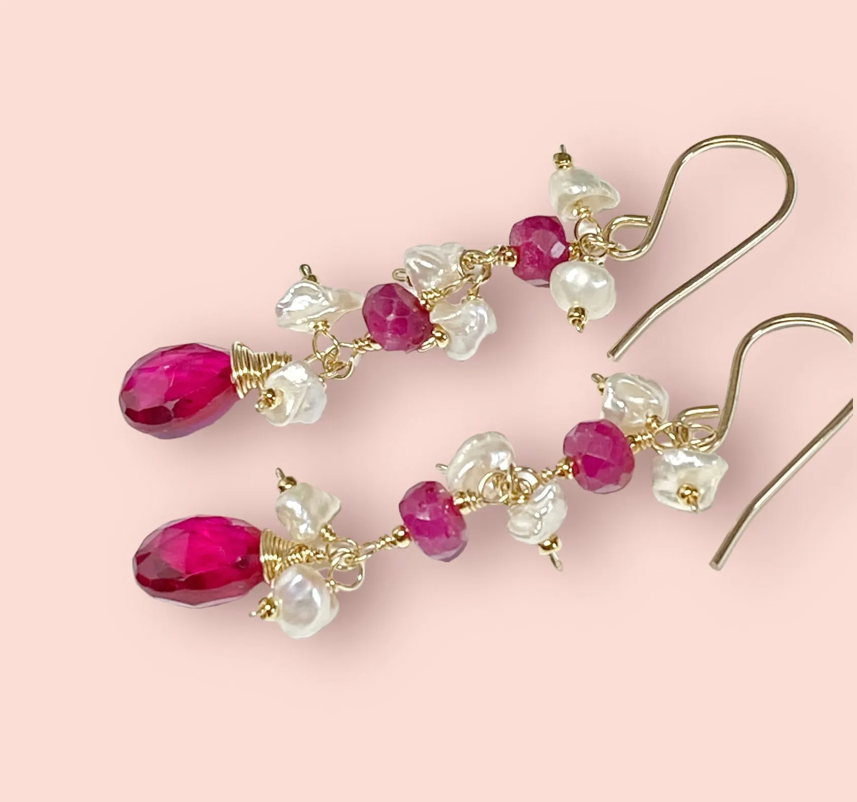 Ruby and Red Topaz Dangle Earrings with Pearls