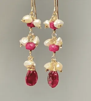 Ruby and Red Topaz Dangle Earrings with Pearls
