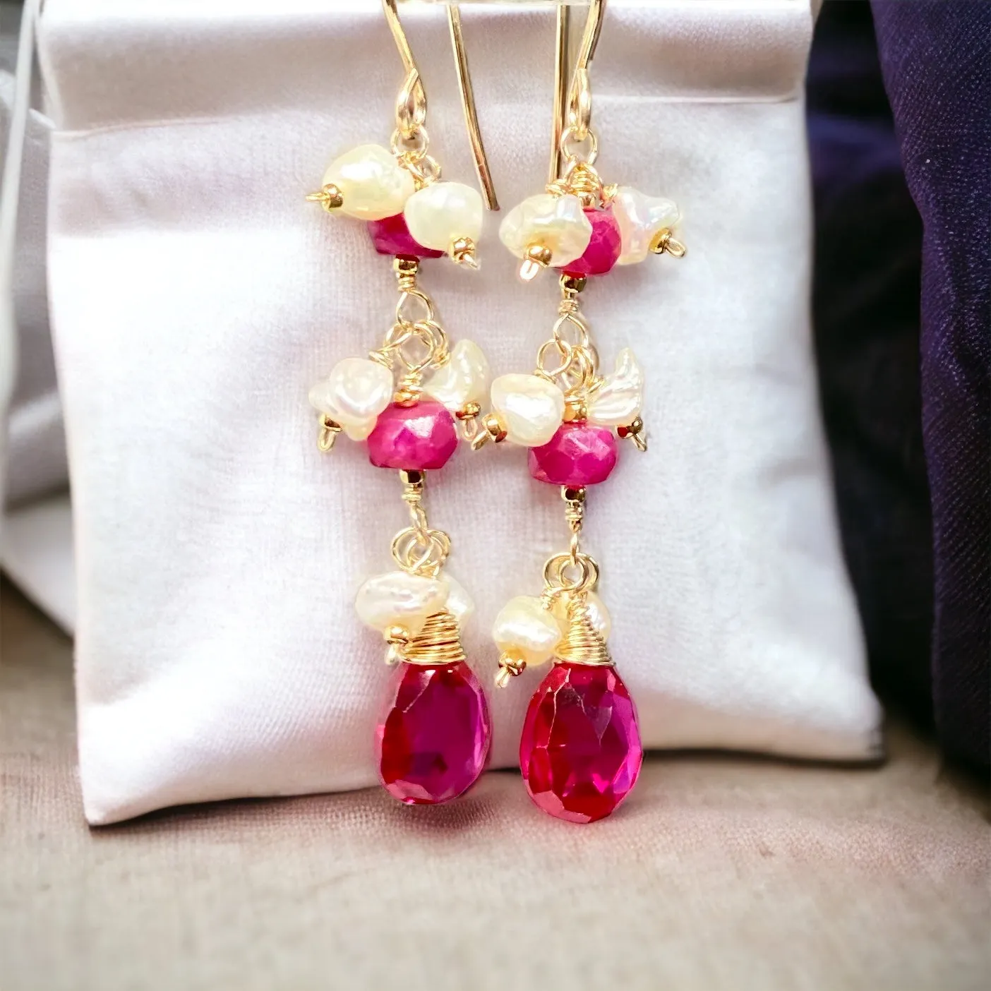 Ruby and Red Topaz Dangle Earrings with Pearls