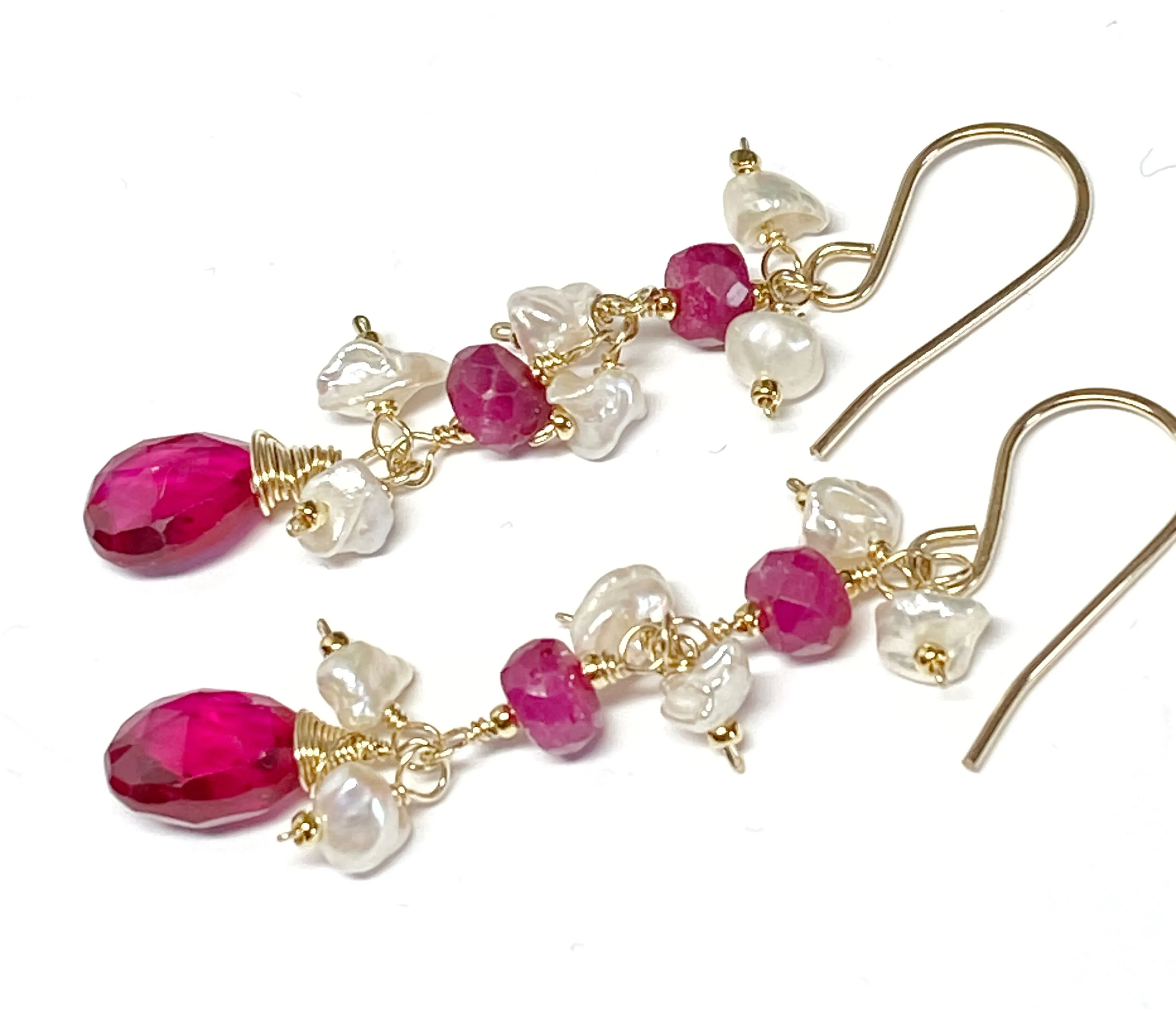 Ruby and Red Topaz Dangle Earrings with Pearls