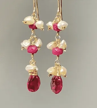 Ruby and Red Topaz Dangle Earrings with Pearls