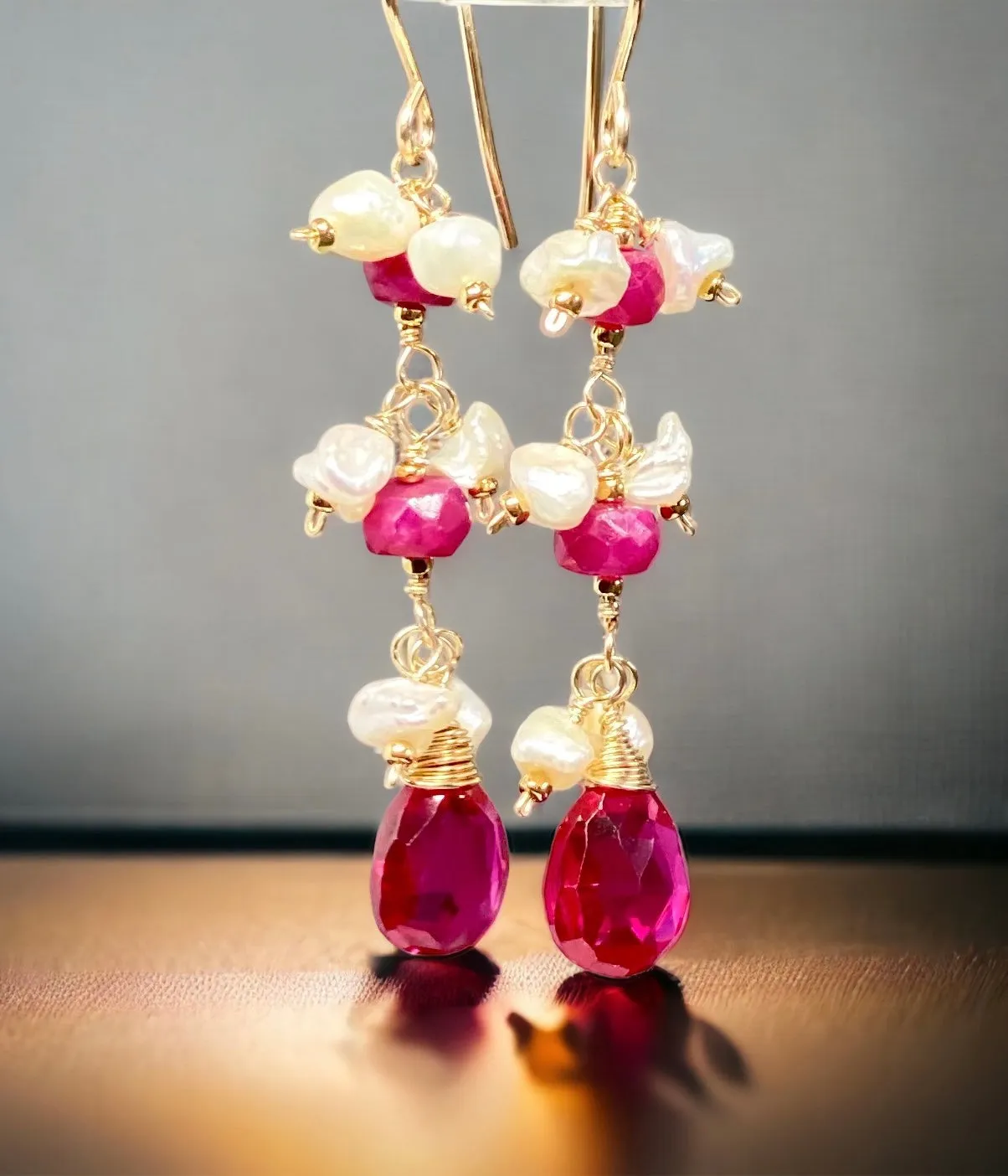 Ruby and Red Topaz Dangle Earrings with Pearls