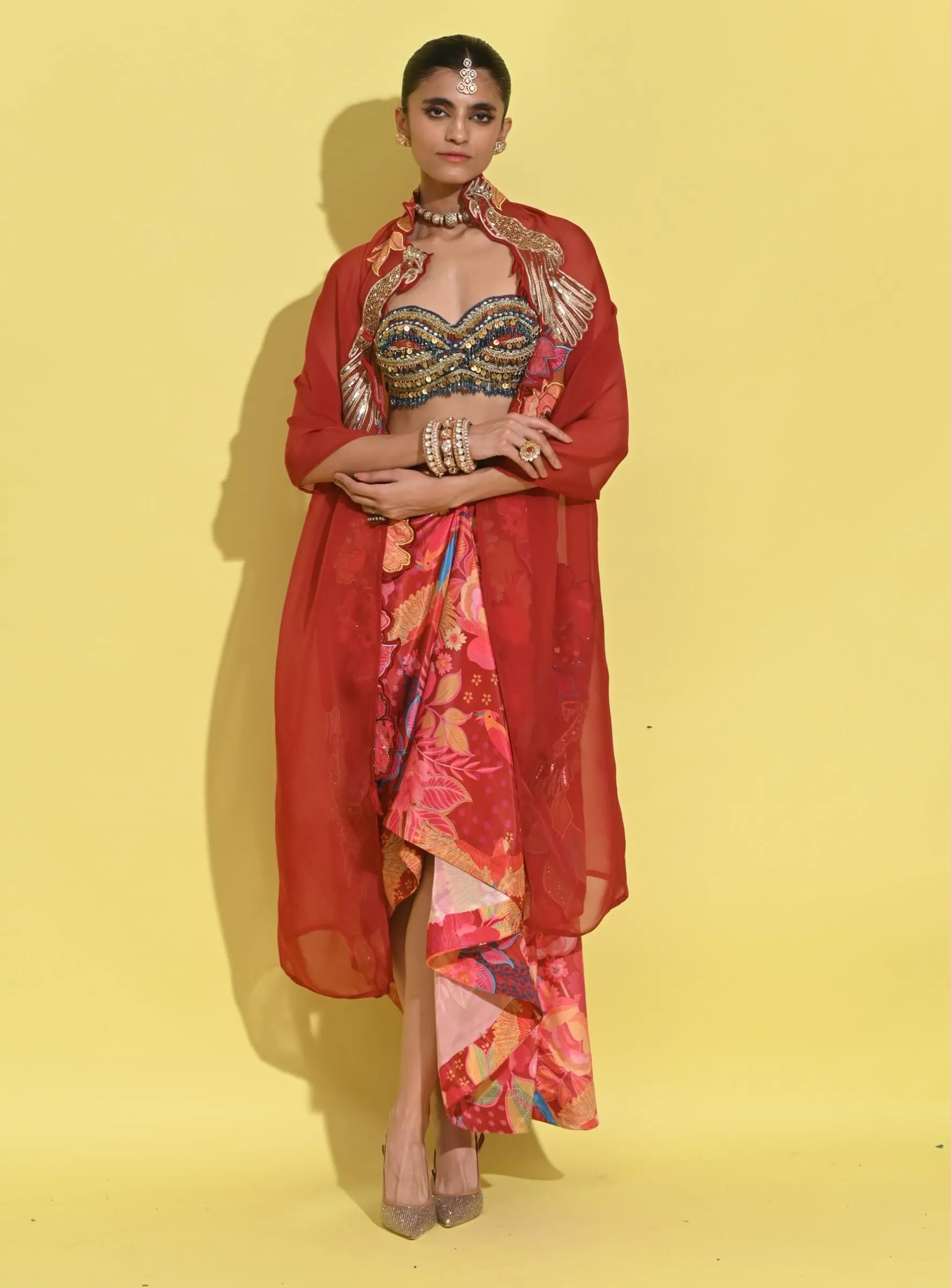 Ruby crimson red drape cape and pants