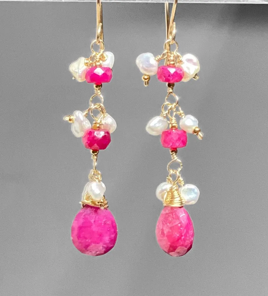 Ruby Dangle Earrings with Pearls Gold Fill