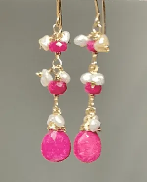 Ruby Dangle Earrings with Pearls Gold Fill