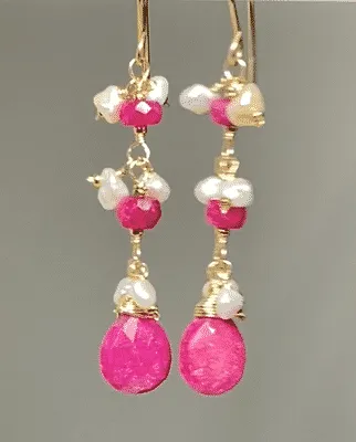 Ruby Dangle Earrings with Pearls Gold Fill