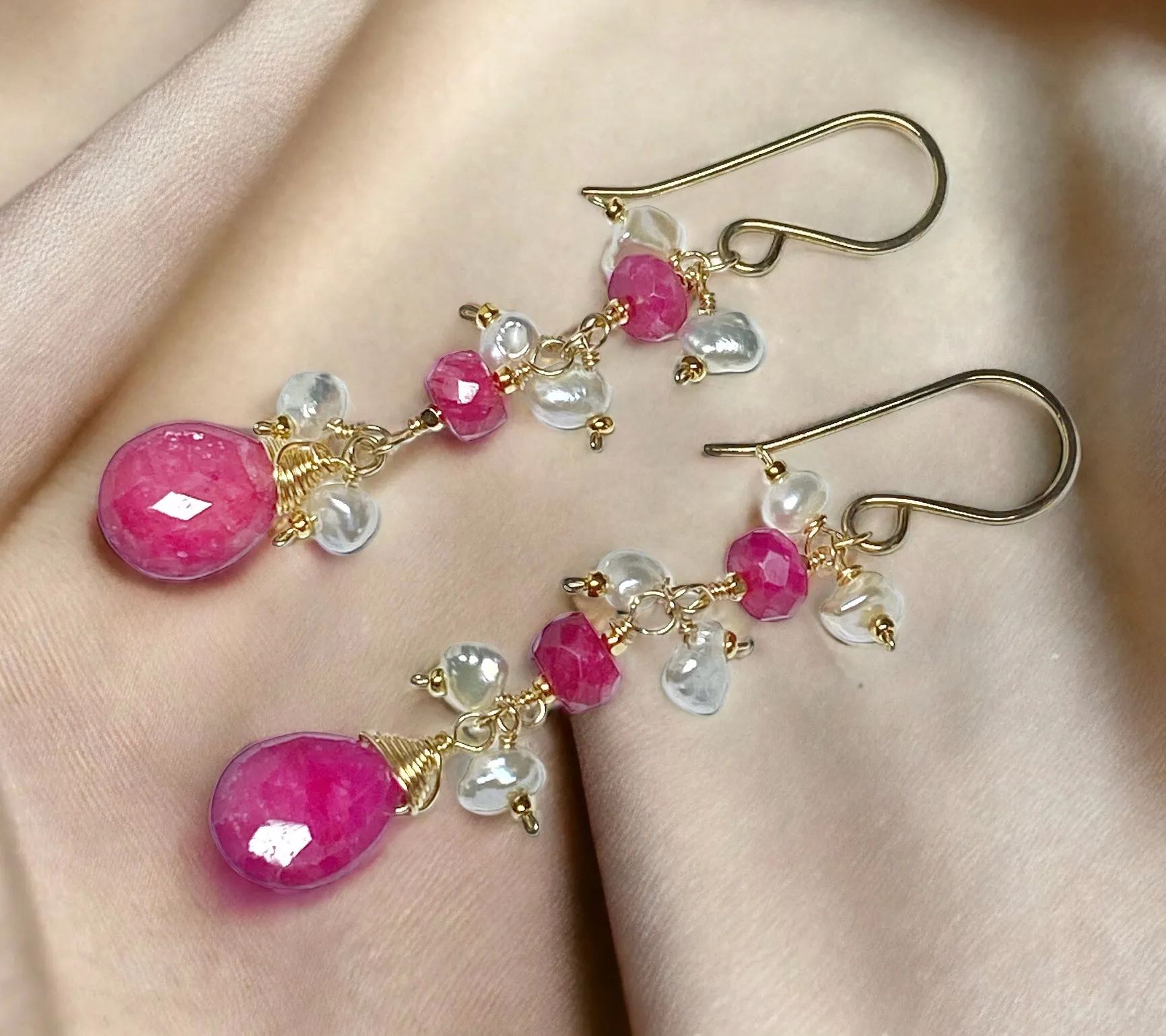 Ruby Dangle Earrings with Pearls Gold Fill