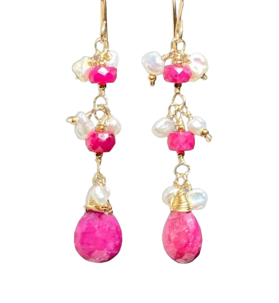 Ruby Dangle Earrings with Pearls Gold Fill
