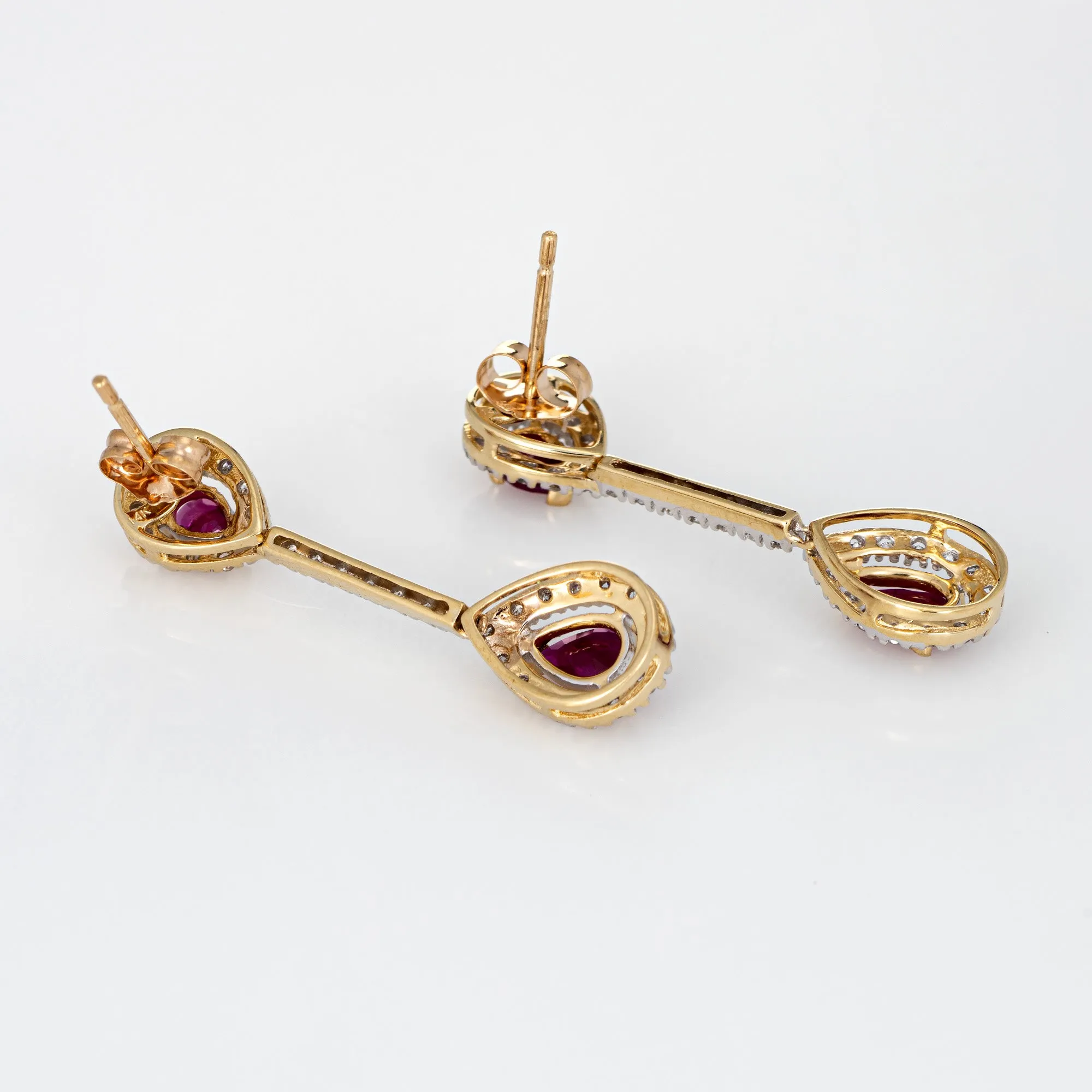 Ruby Diamond Earrings Vintage 14k Yellow Gold Linear Drops Pear Shaped Jewelry