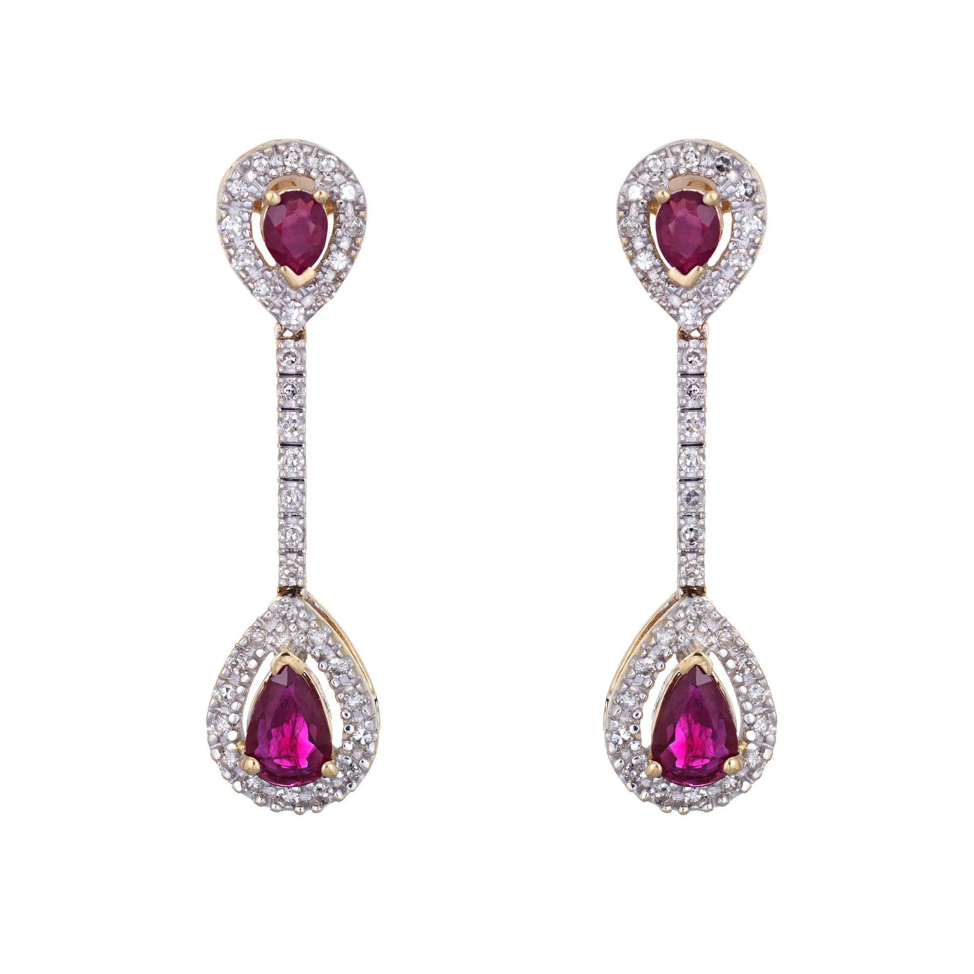 Ruby Diamond Earrings Vintage 14k Yellow Gold Linear Drops Pear Shaped Jewelry