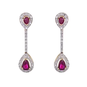 Ruby Diamond Earrings Vintage 14k Yellow Gold Linear Drops Pear Shaped Jewelry