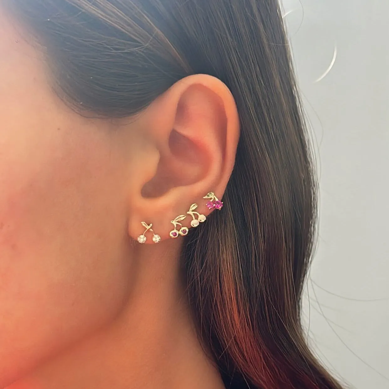 Ruby Red Cherry Bezel Stud Earring 14K