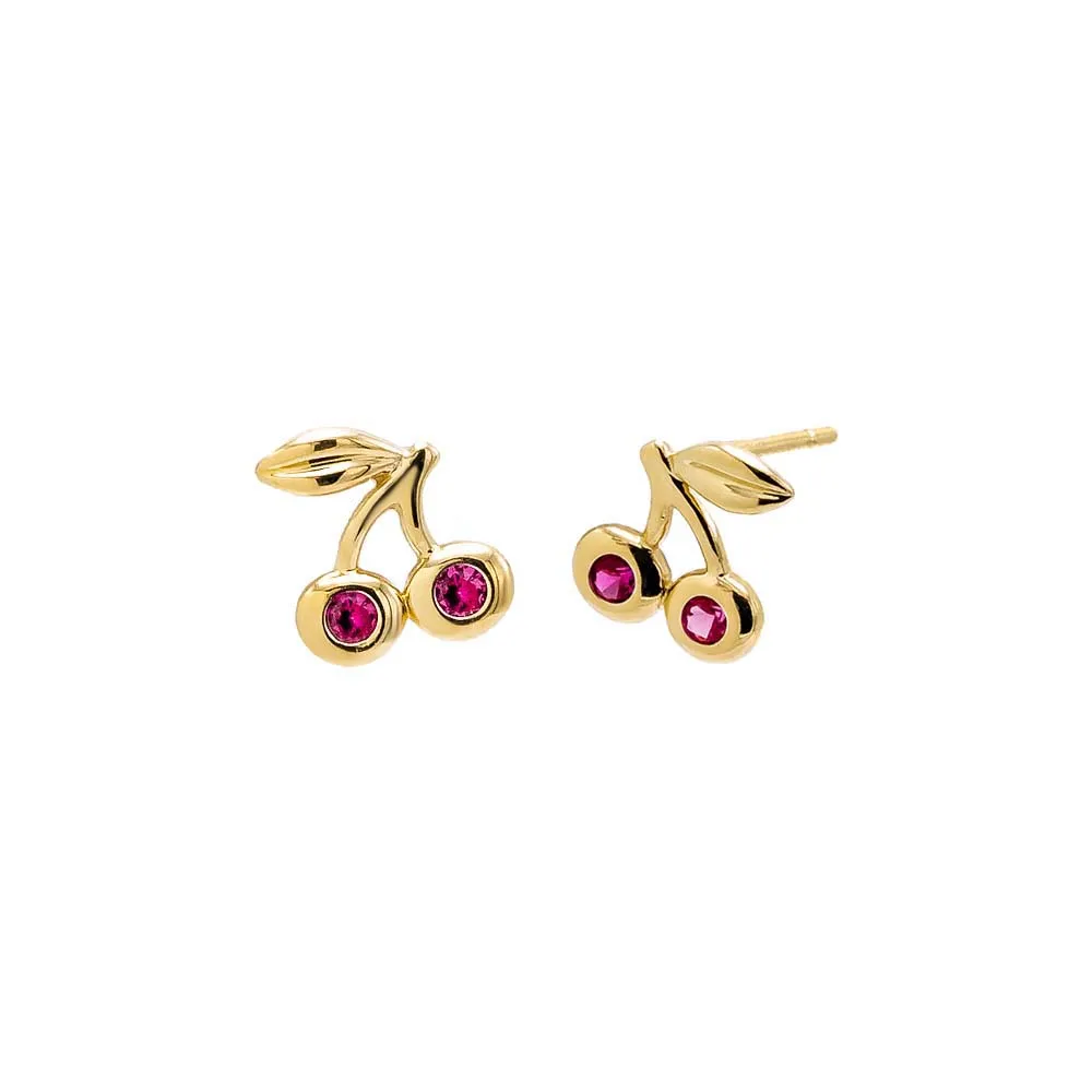 Ruby Red Cherry Bezel Stud Earring 14K