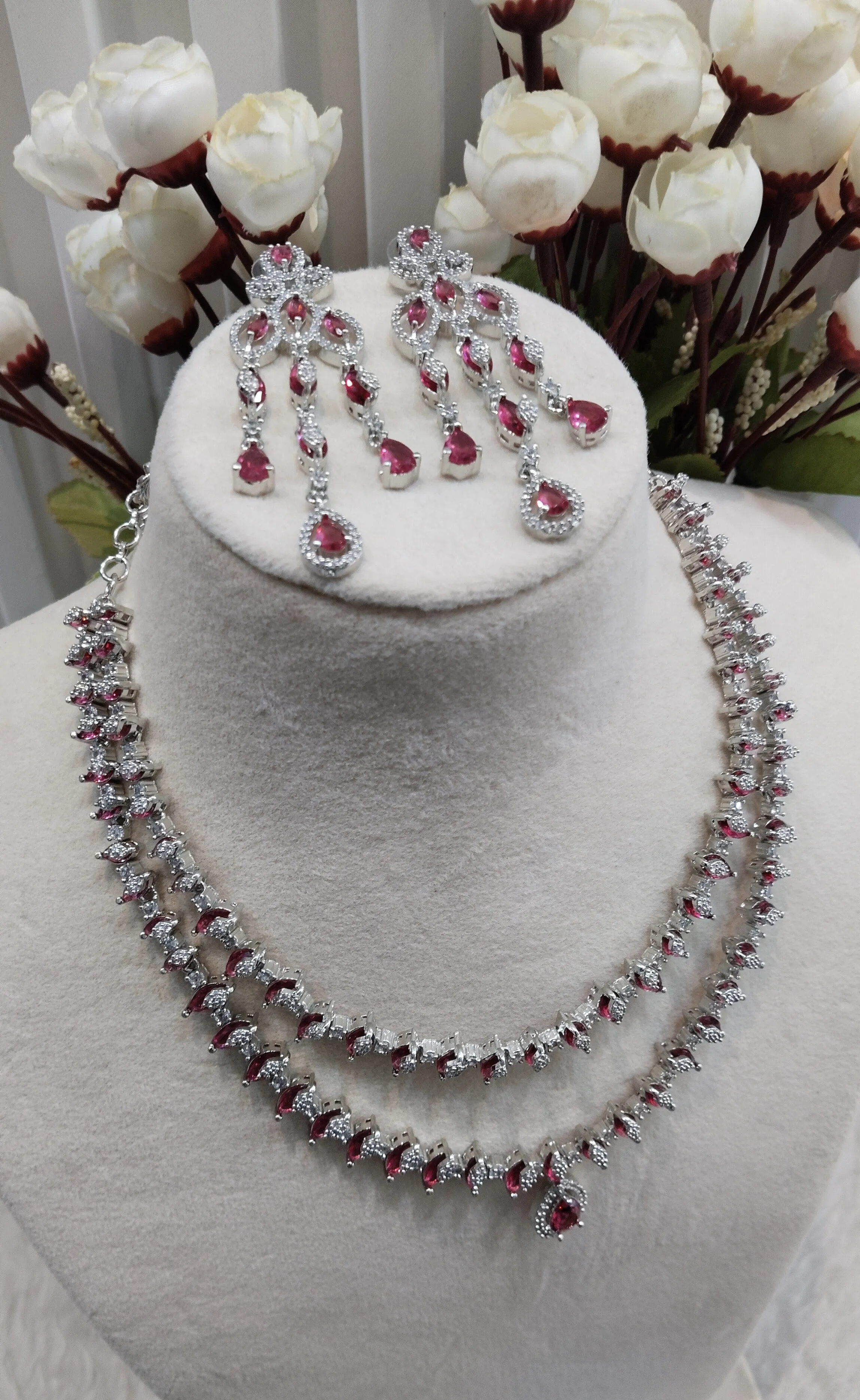 Ruby Silver CZ Necklace Indian Jewellery Sunil Set