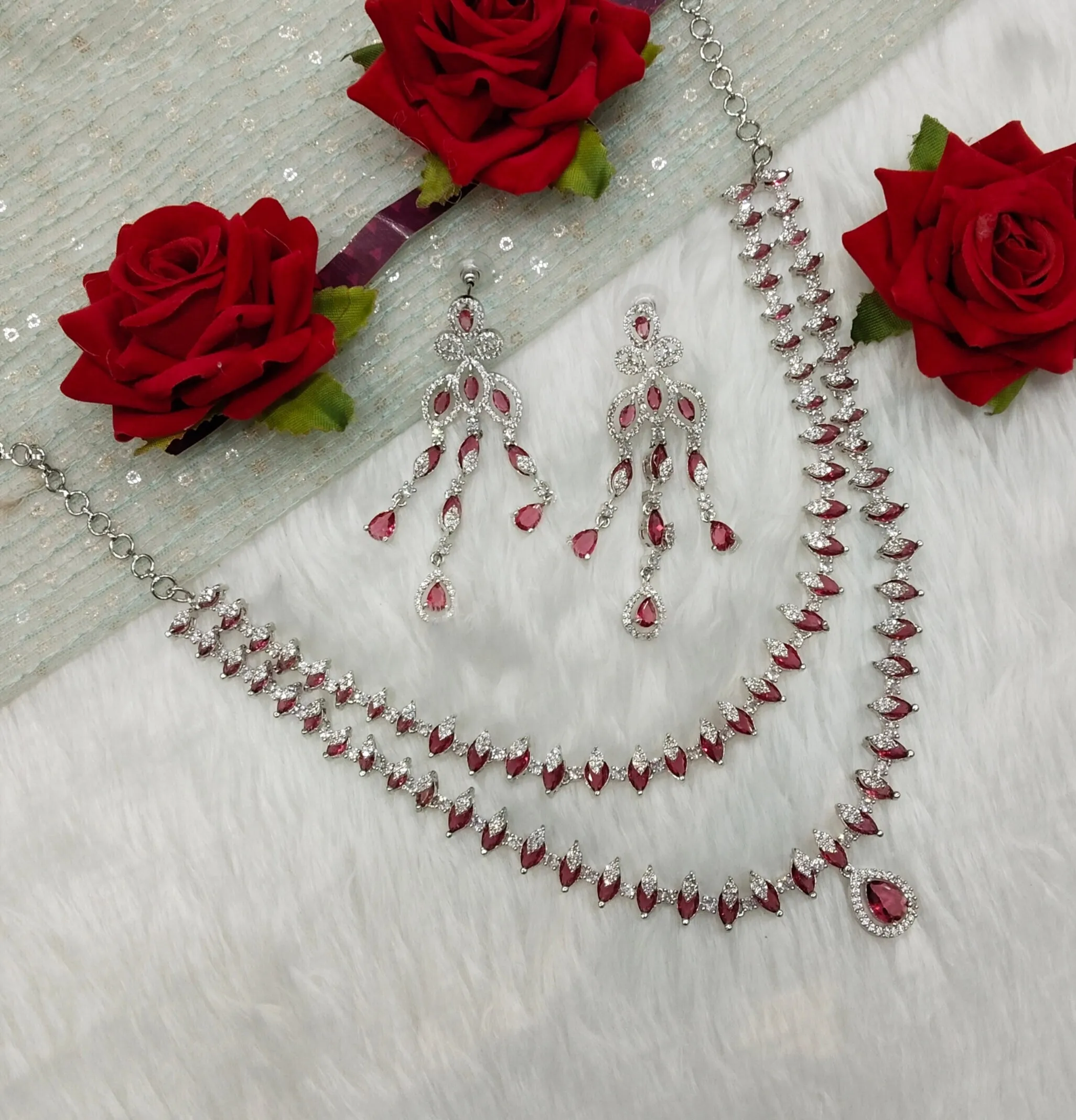 Ruby Silver CZ Necklace Indian Jewellery Sunil Set