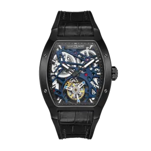 Saint Honore Monceau Men's Tourbillon Black Open Dial Black Case & Leather Starp Watch
