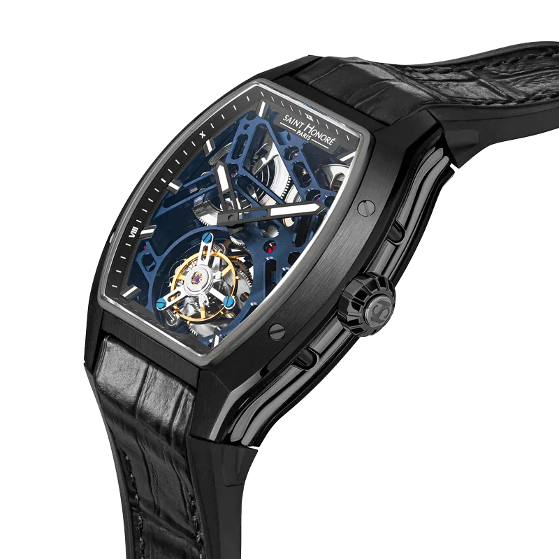 Saint Honore Monceau Men's Tourbillon Black Open Dial Black Case & Leather Starp Watch