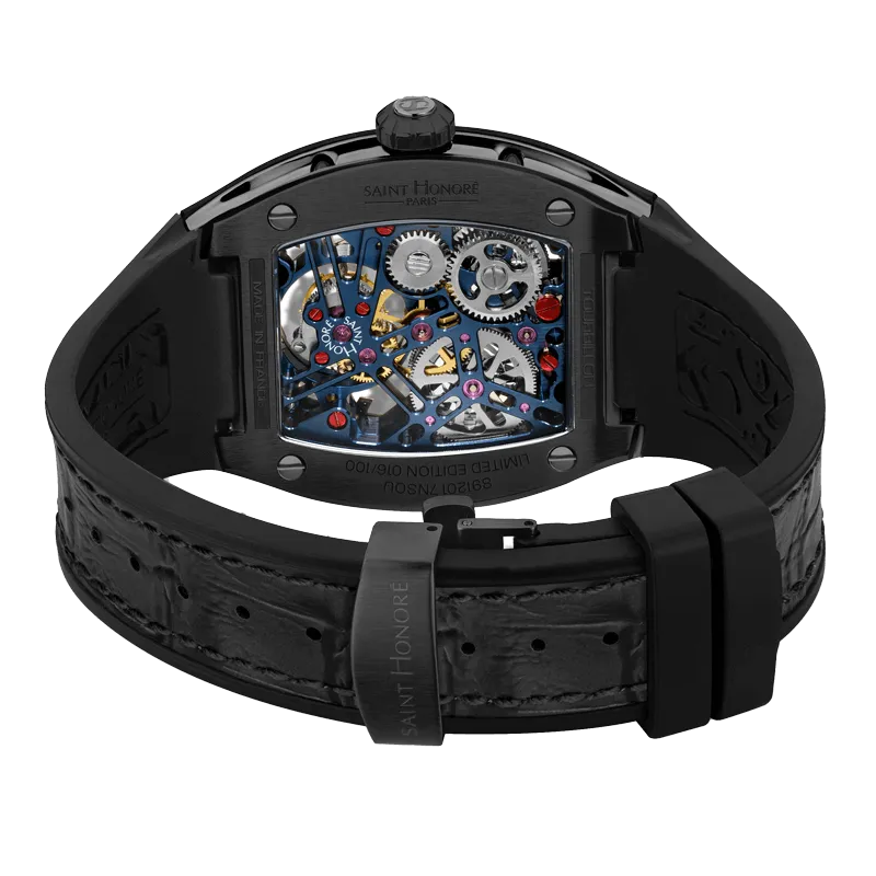 Saint Honore Monceau Men's Tourbillon Black Open Dial Black Case & Leather Starp Watch
