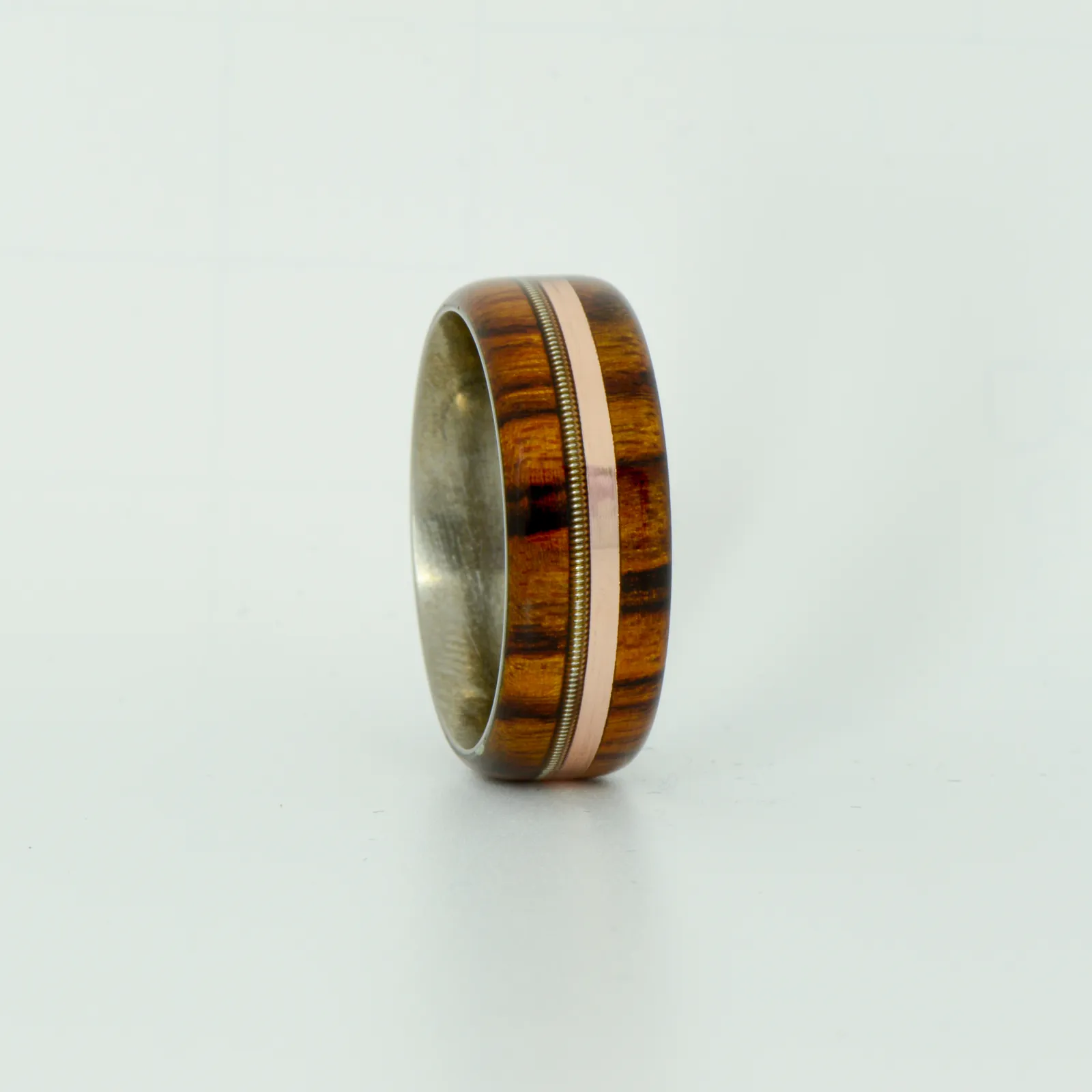 SALE RING -  Titanium, Ironwood, Rose Gold, & Guitar String - Size 9.75