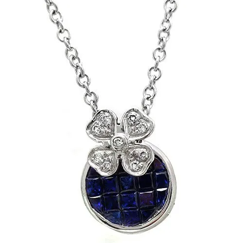 Sapphire Diamond Flower Pendant Necklace In 18k White Gold
