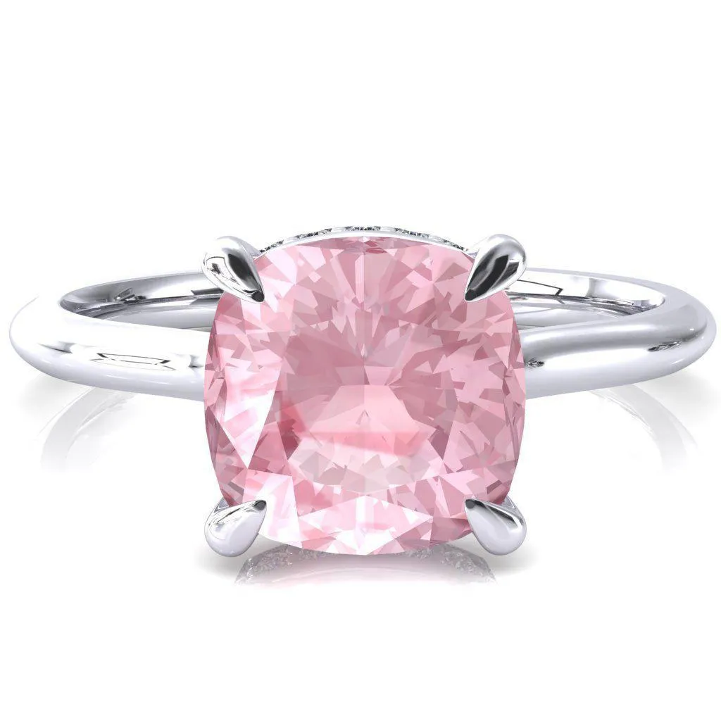 Secret Cushion Pink Sapphire 4 Prong Floating Halo Engagement Ring
