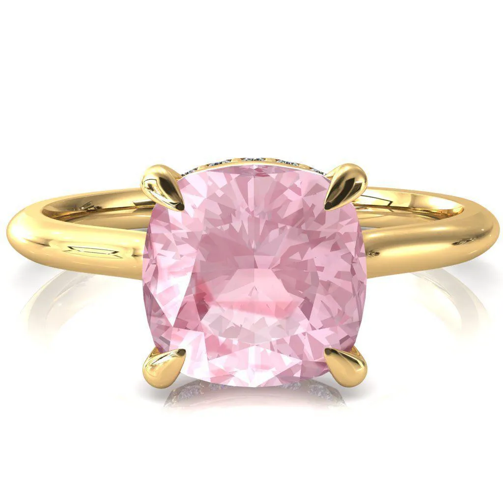 Secret Cushion Pink Sapphire 4 Prong Floating Halo Engagement Ring